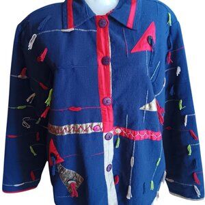 Large Vintage Jacket Anu Multicolor Embroidered Geometric Design Button Swatches